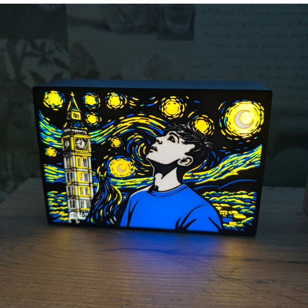 Decorative night light with artistic design of a Ren Gill looking at Big Ben inspired by 'Starry Night'. by Vincent Van Gough
